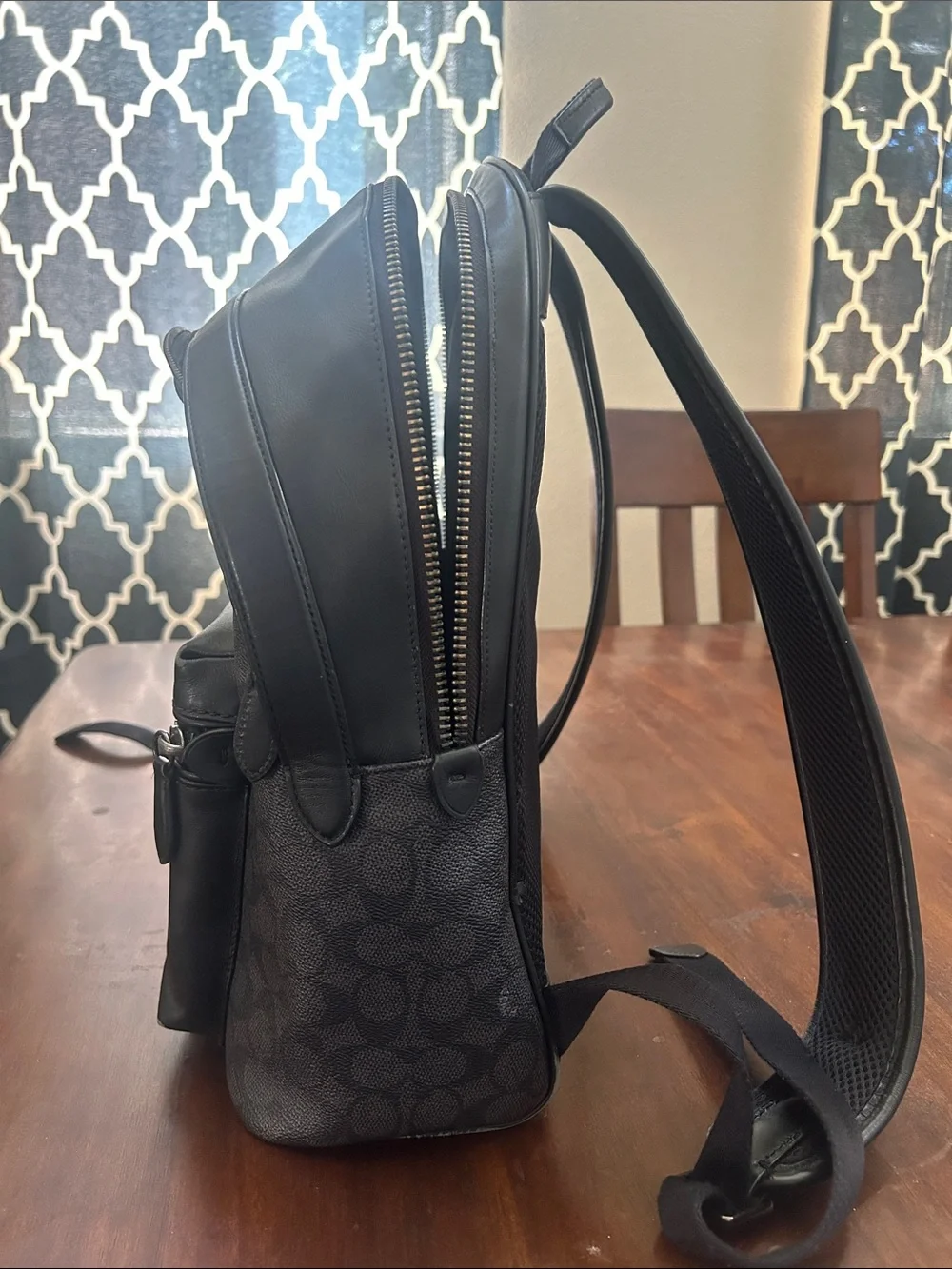 Coach Black and Gray Signature Canvas Backpack with Leather Pocket